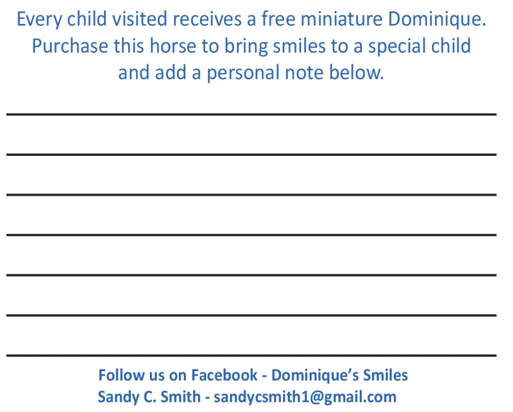 Write a message with your donation for Dominique Smiles tag the goes on plush